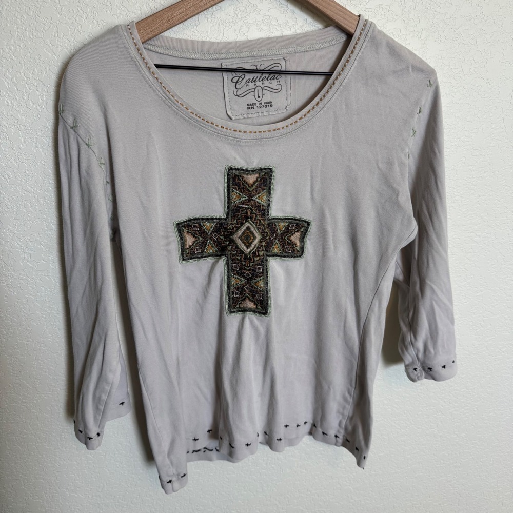 Western Boho Cowgirl Cattlelac Ranch Embroidered Top Size Large Gray